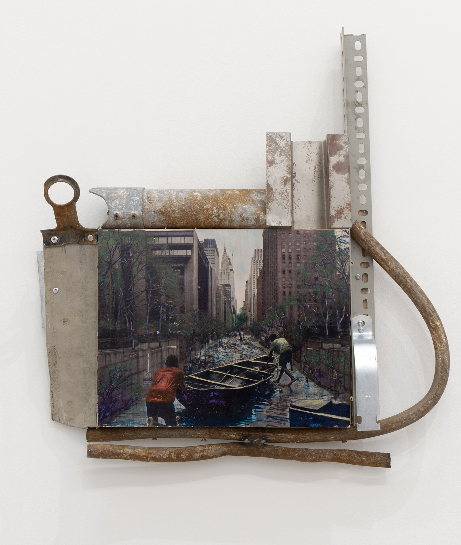 Chukwudubem Ukaigwe, Labyrinth 8, 2021, photographic contrivance, gel image transfer and oil paint on panel, wood, aluminum, corrugated iron, 25 x 24 x 4 in. (64 x 61 x 10 cm)