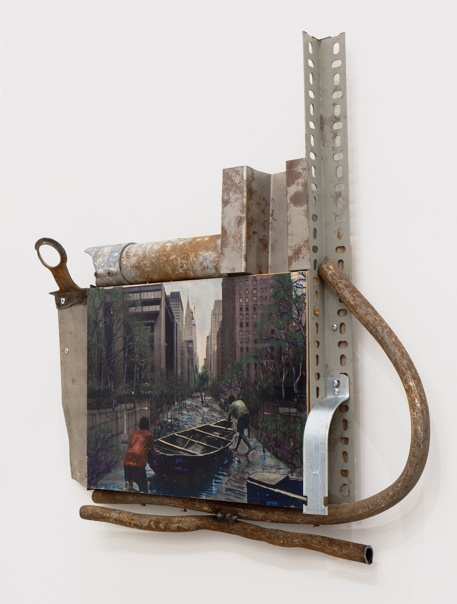 Chukwudubem Ukaigwe, Labyrinth 8, 2021, photographic contrivance, gel image transfer and oil paint on panel, wood, aluminum, corrugated iron, 25 x 24 x 4 in. (64 x 61 x 10 cm)