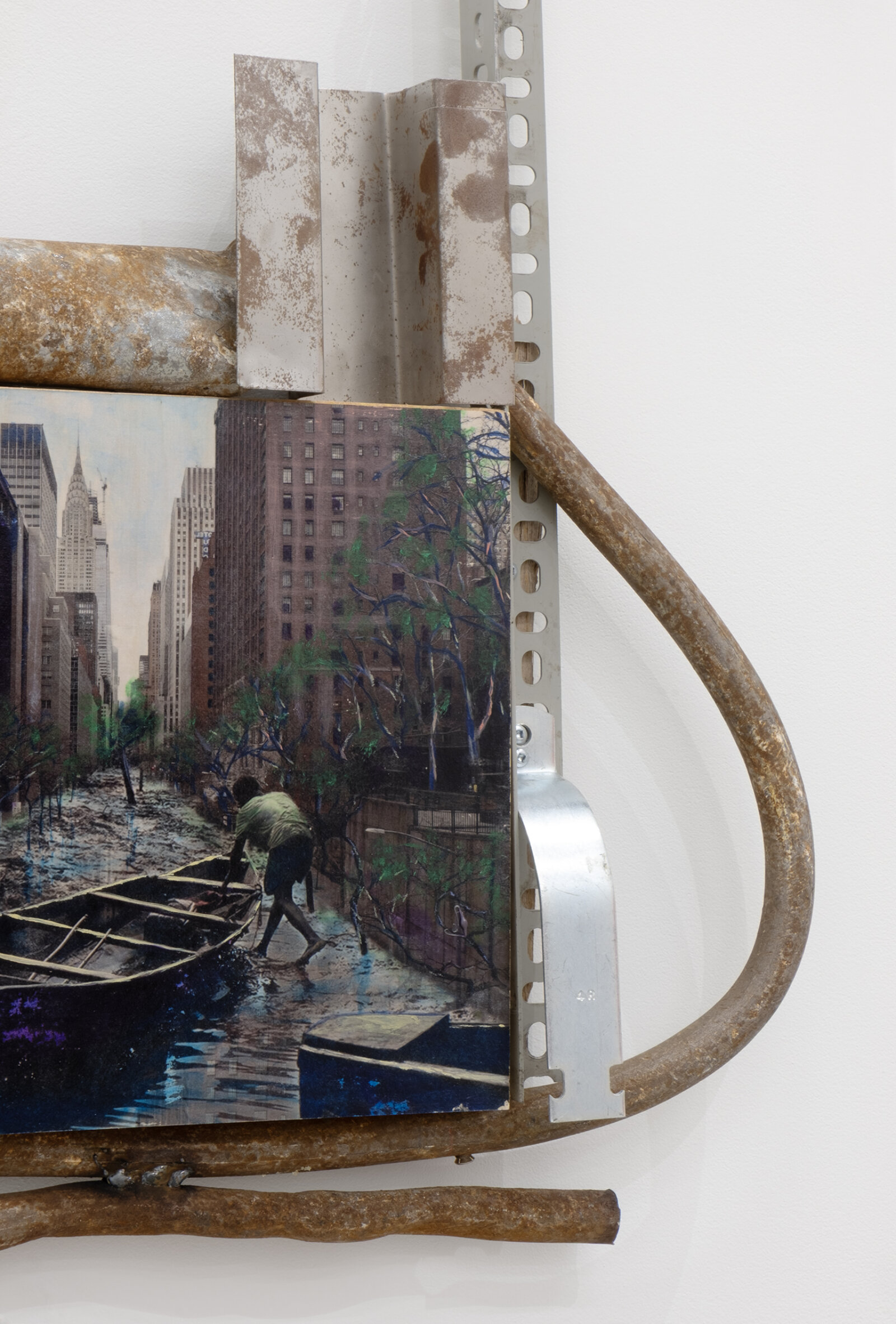 Chukwudubem Ukaigwe, Labyrinth 8 (detail), 2021, photographic contrivance, gel image transfer and oil paint on panel, wood, aluminum, corrugated iron, 25 x 24 x 4 in. (64 x 61 x 10 cm)