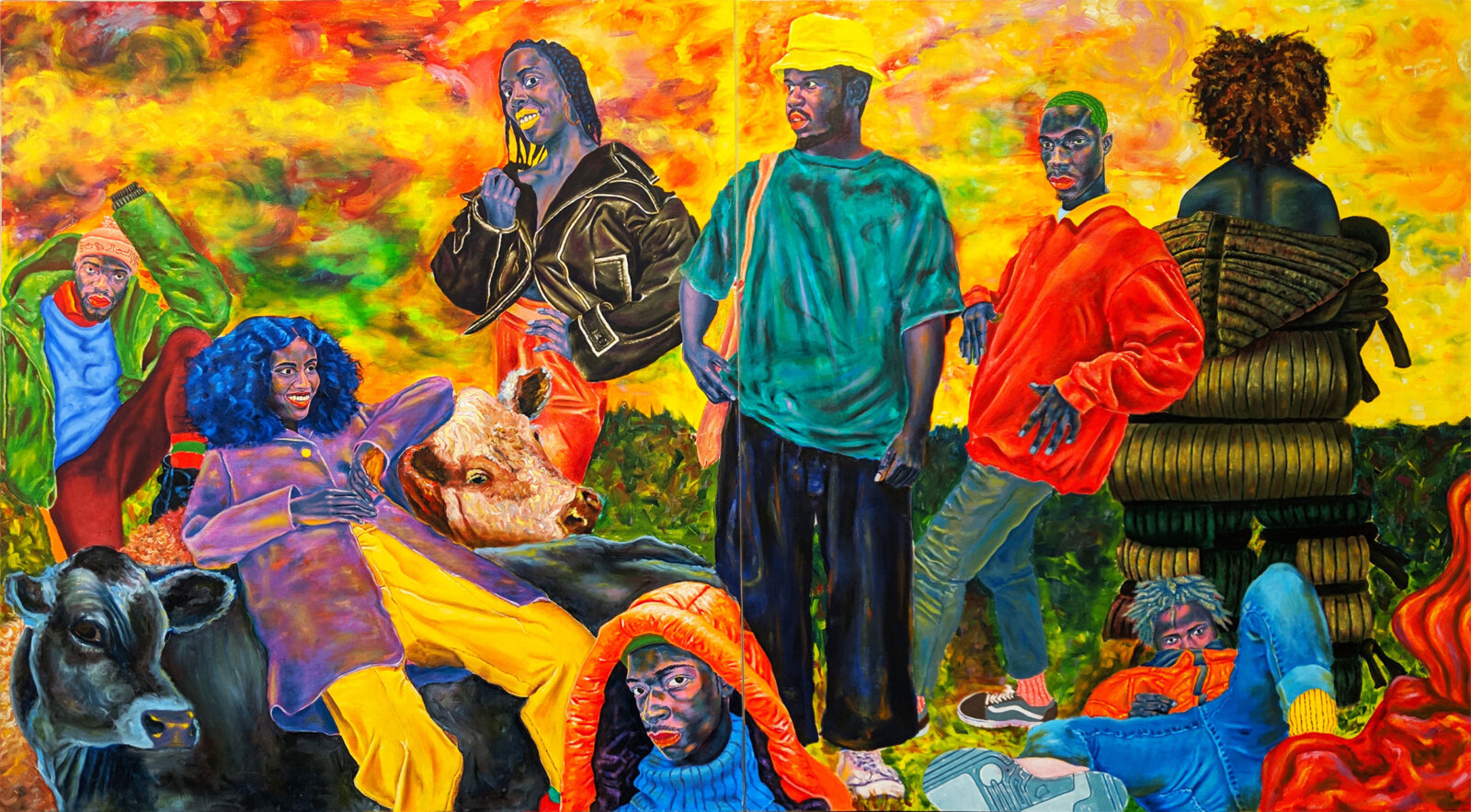 Chukwudubem Ukaigwe, Losing Light, 2019, oil on canvas, diptych 60 x 180 in. (152 x 457 cm)