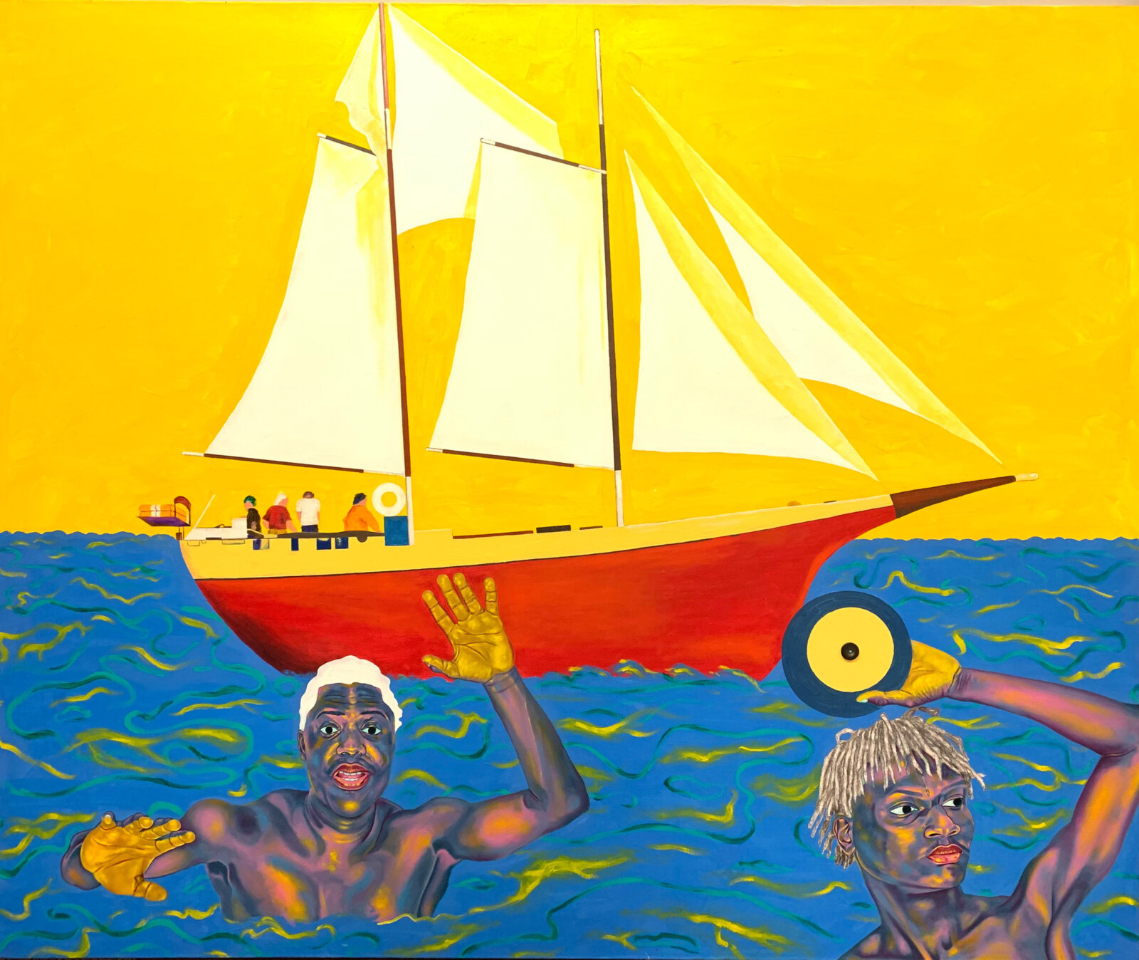 Chukwudubem Ukaigwe, Swimming in the Lagos Marina, 2020, oil on canvas, 60 x 72 in. (152 x 183 cm)