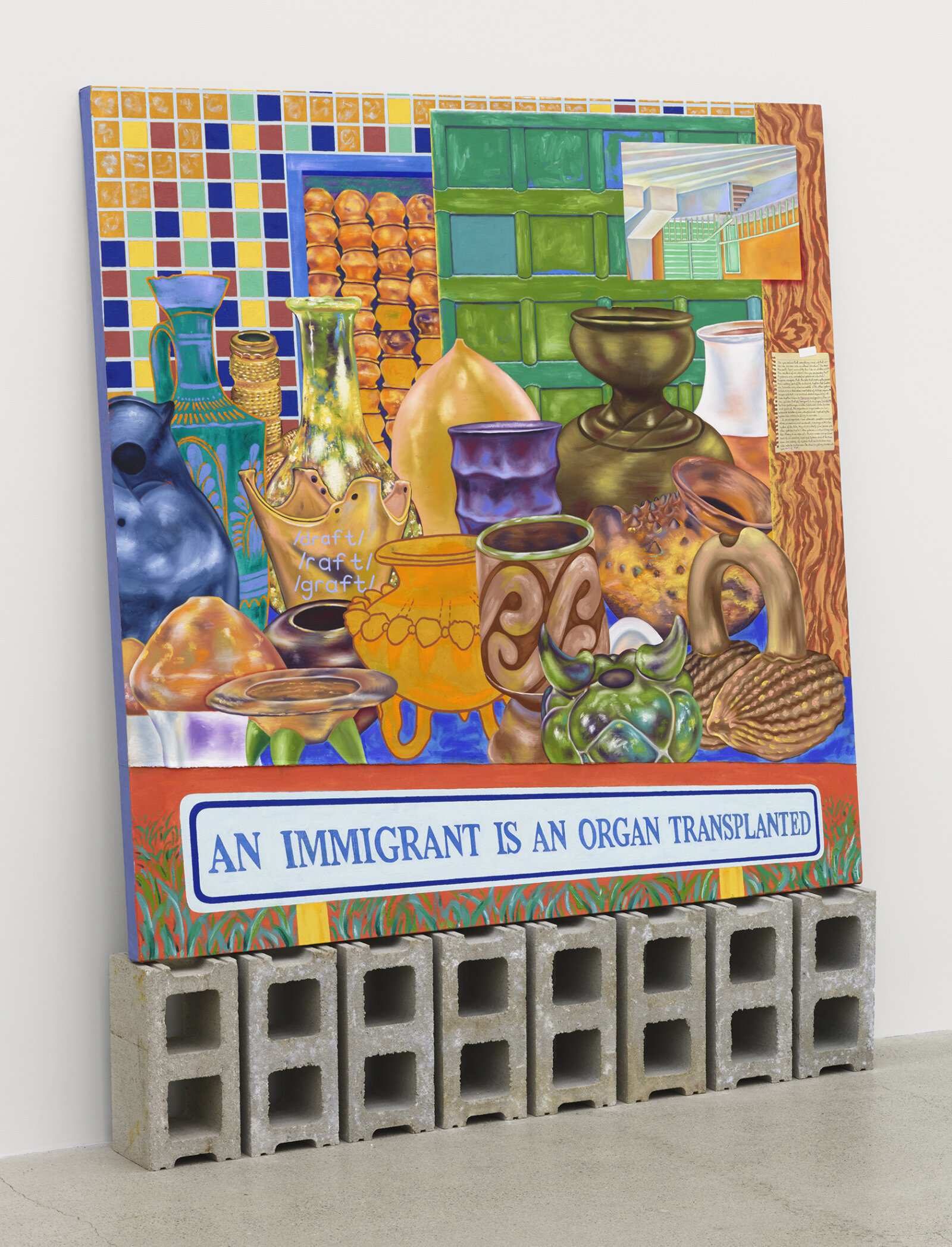 Chukwudubem Ukaigwe, The Story repeats itself syncretized and Variegated, 2025, oil on canvas, eight cinderblock bricks, 66 x 66 in. (168 x 168 cm)