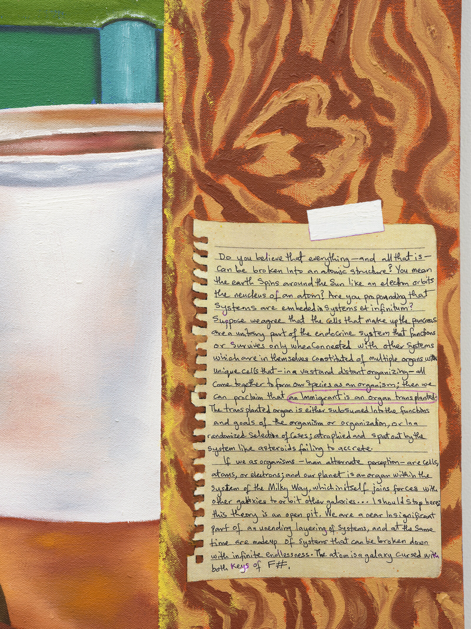 Chukwudubem Ukaigwe, The Story repeats itself syncretized and Variegated (detail), 2025, oil on canvas, eight cinderblock bricks, 66 x 66 in. (168 x 168 cm)