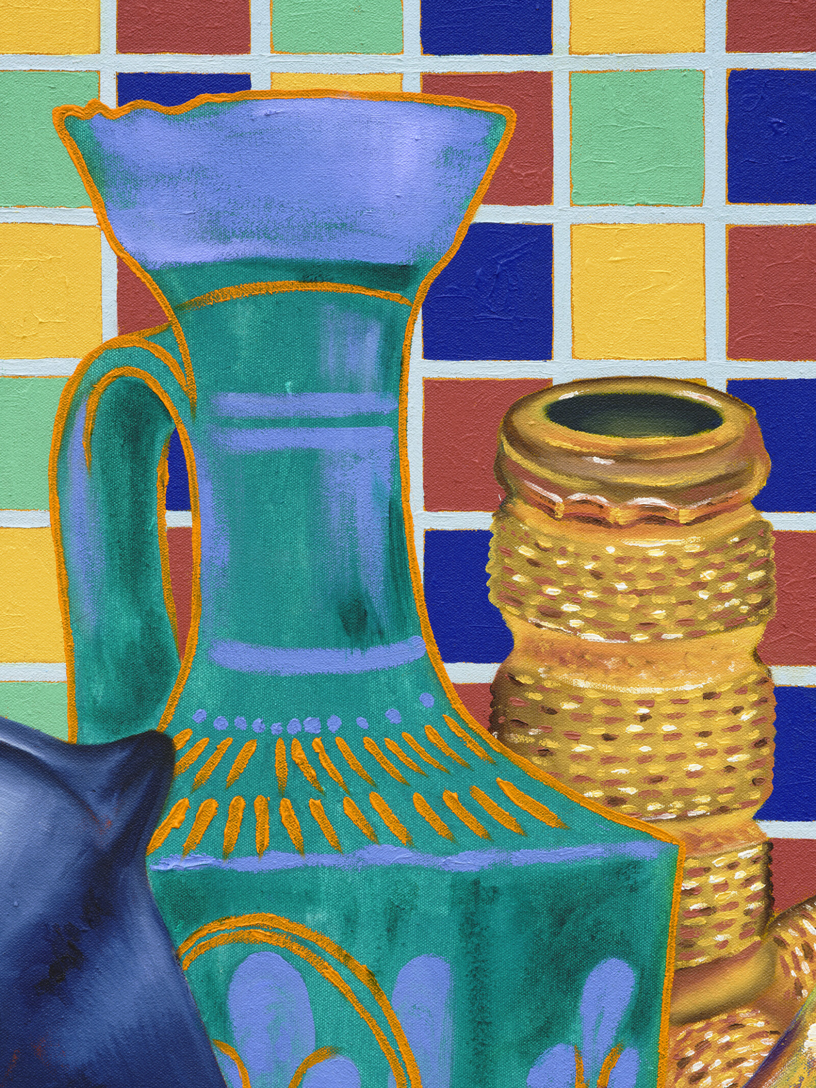 Chukwudubem Ukaigwe, The Story repeats itself syncretized and Variegated (detail), 2025, oil on canvas, eight cinderblock bricks, 66 x 66 in. (168 x 168 cm)