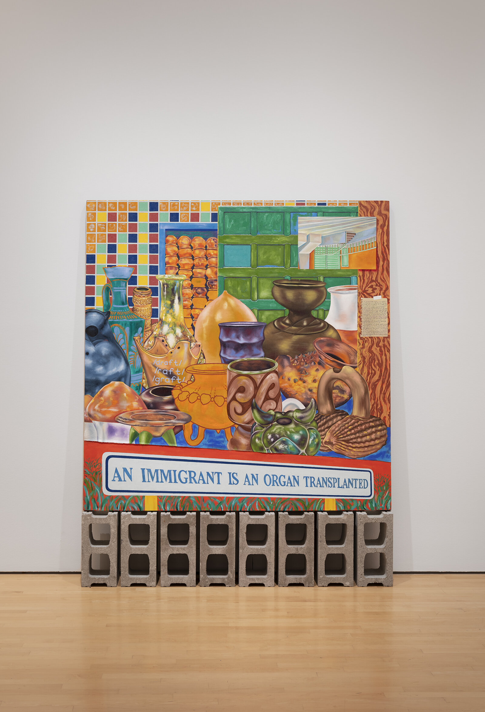 Chukwudubem Ukaigwe, The Story repeats itself syncretized and Variegated, 2025, oil on canvas, eight cinderblock bricks, 66 x 66 in. (168 x 168 cm). Photo: NGC