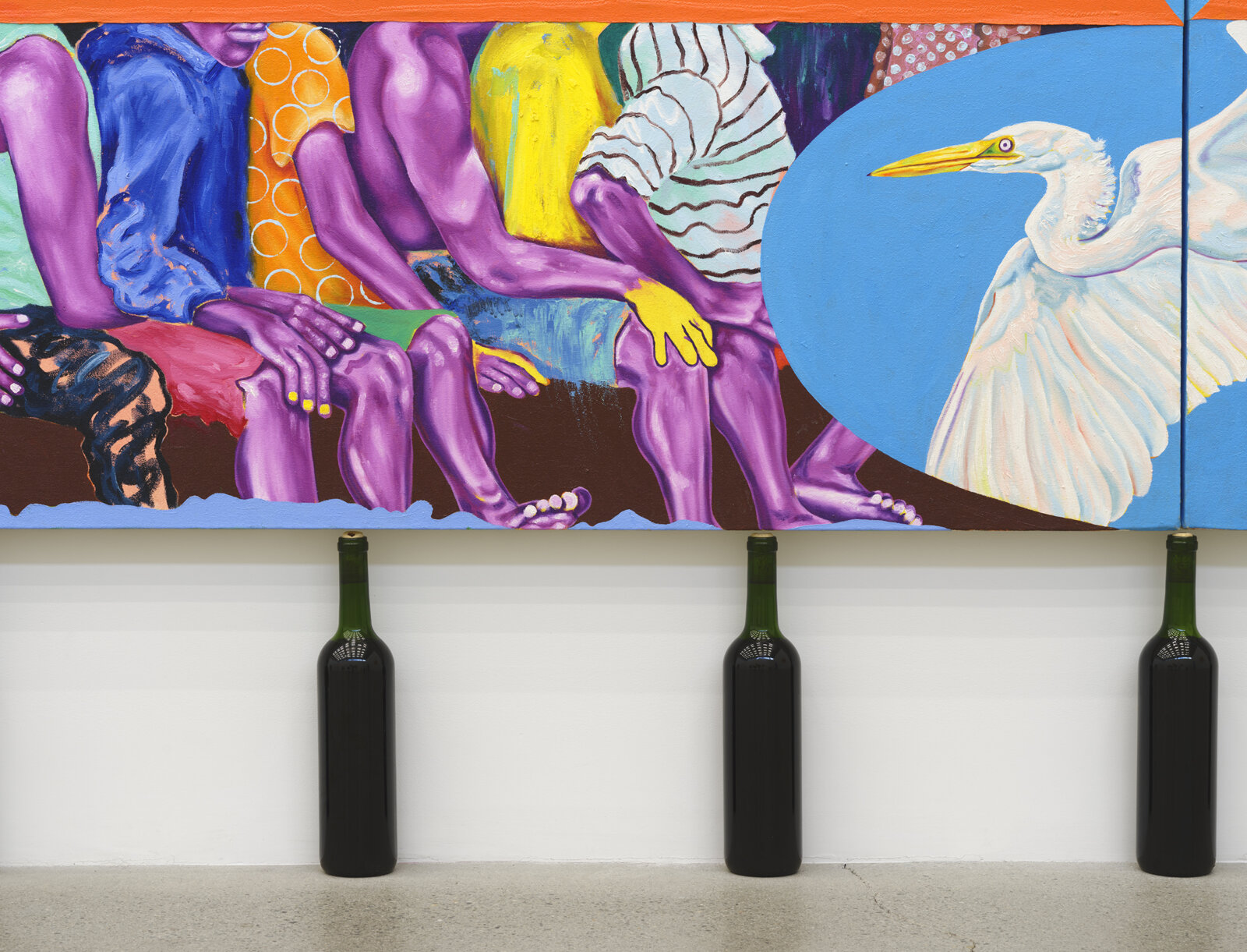 Chukwudubem Ukaigwe, Tree! You Can Be a Canoe! Unless you Cannot! (Named for Walcott) (detail), 2024, oil on canvas, nine bottles of artist-brewed wine (Alicante), diptych, 85 x 120 in. (216 x 305 cm)