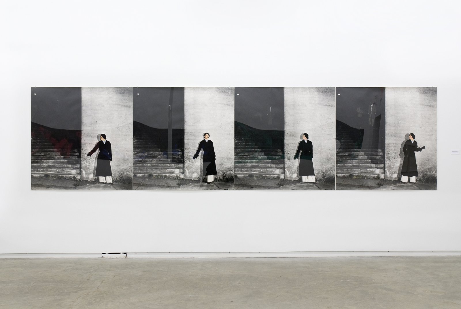 Ian Wallace, Hypnerotomachia (the Staircase), 1977, 4 hand-coloured black and white photographs, 48 x 192 in. (122 x 488 cm) ​ by Ian Wallace