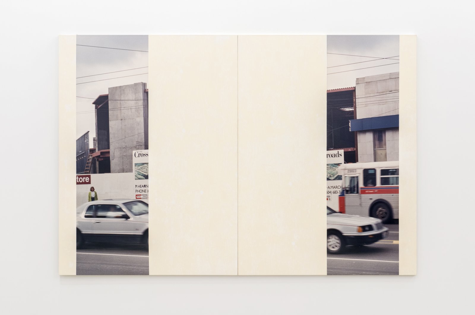 Ian Wallace, In the Street (Cologne Series IV), 1989, diptych, photolaminate with acrylic and monoprint on canvas, 80 x 120 in. (203 x 305 cm)