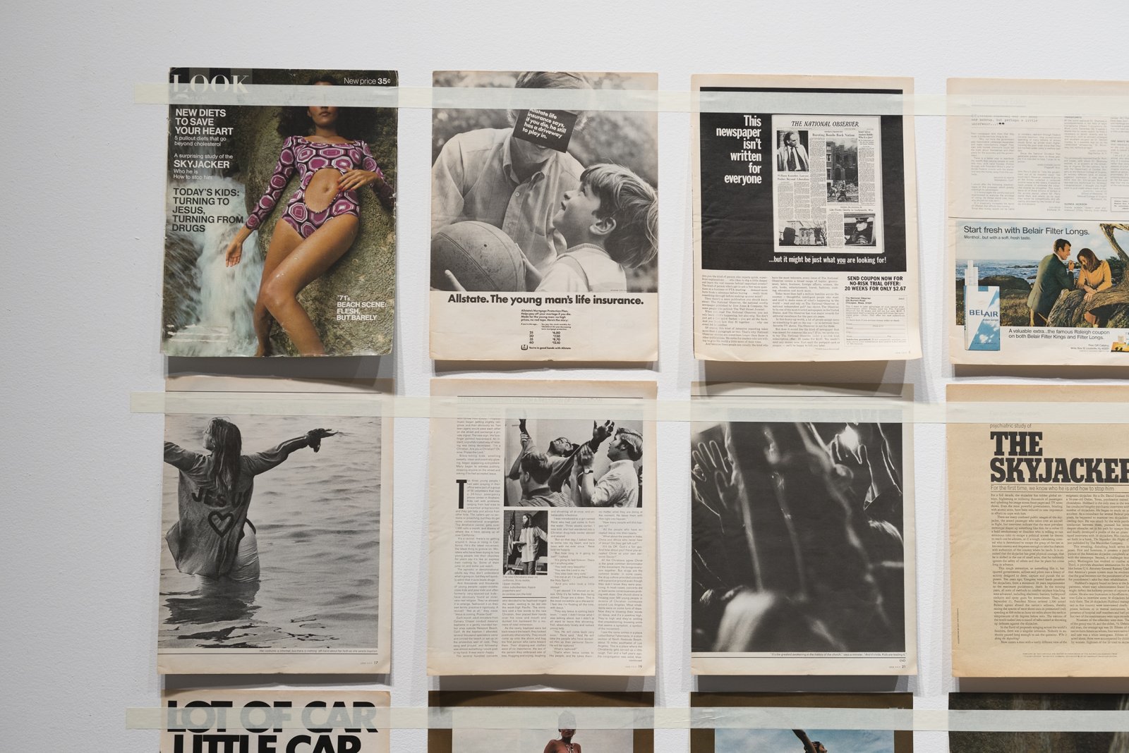 Ian Wallace, Magazine Piece (detail), 1970–ongoing, magazine pages, tape, dimensions variable. Installation view, Qui parle? / Who Speaks?, Leonard and Bina Ellen Art Gallery, Montreal, 2018