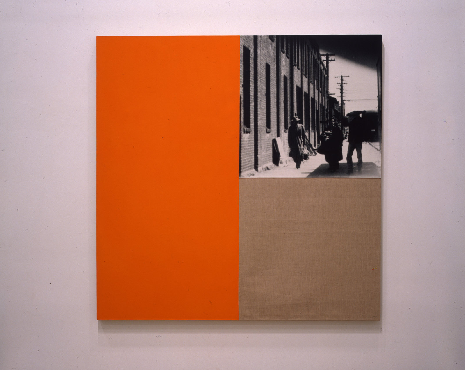 Ian Wallace, Poverty Image with Orange, 1987, photolaminate and acrylic on canvas, 60 x 60 in. (152 x 152 cm)