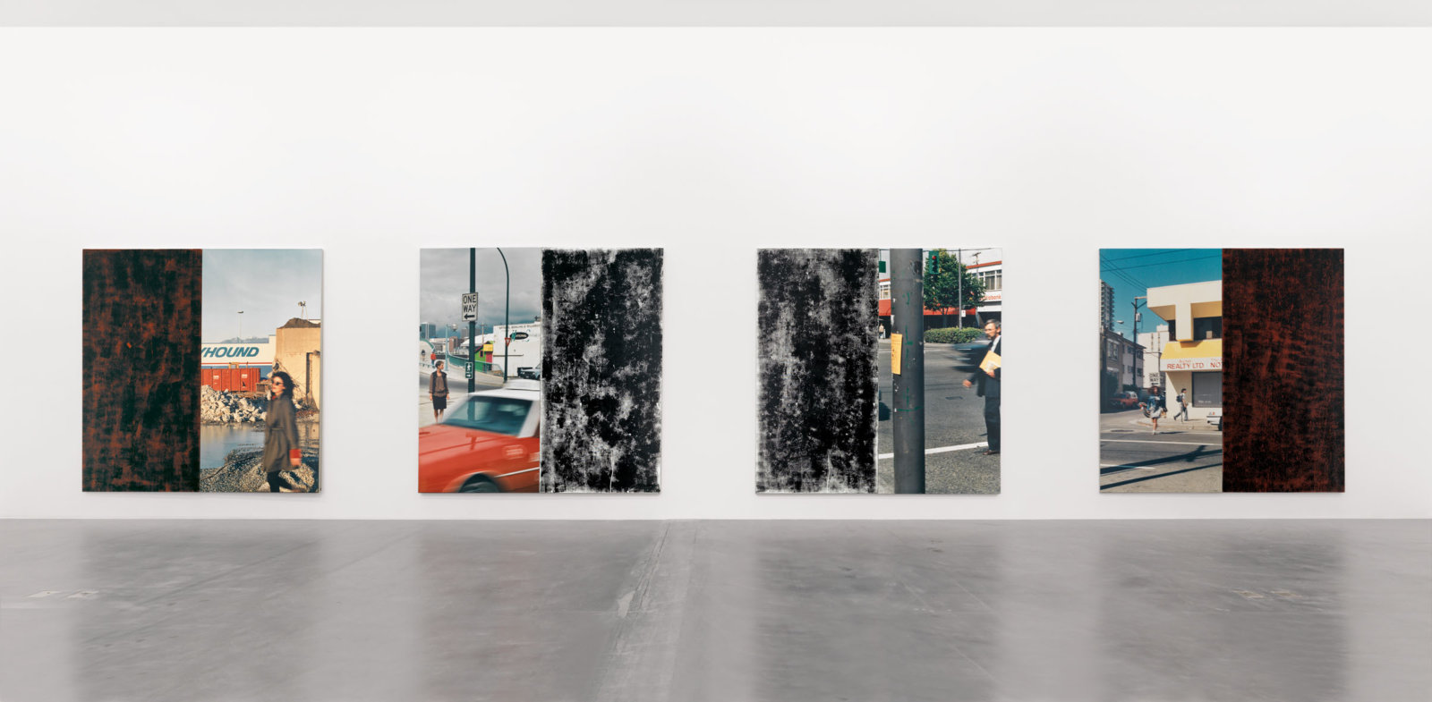 Ian Wallace, In the Street I–IV, 1989, 4 photolaminate with acrylic and ink monoprint on canvas panels, each 96 x 96 in. (244 x 244 cm)