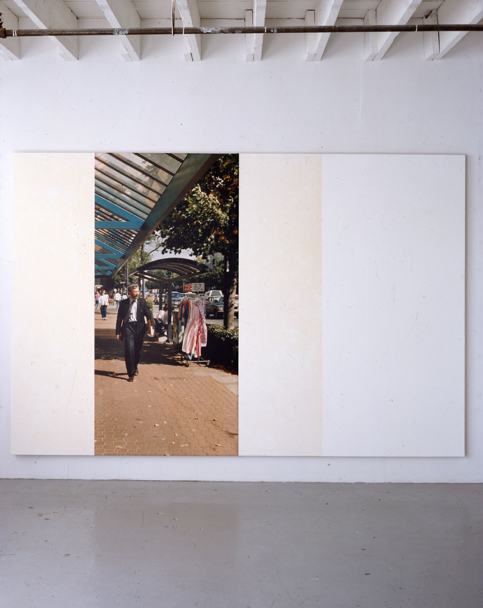Ian Wallace, In the Street (George), 1988, photolaminate with acrylic and ink monoprint on canvas, 96 x 96 in. (244 x 244 cm)