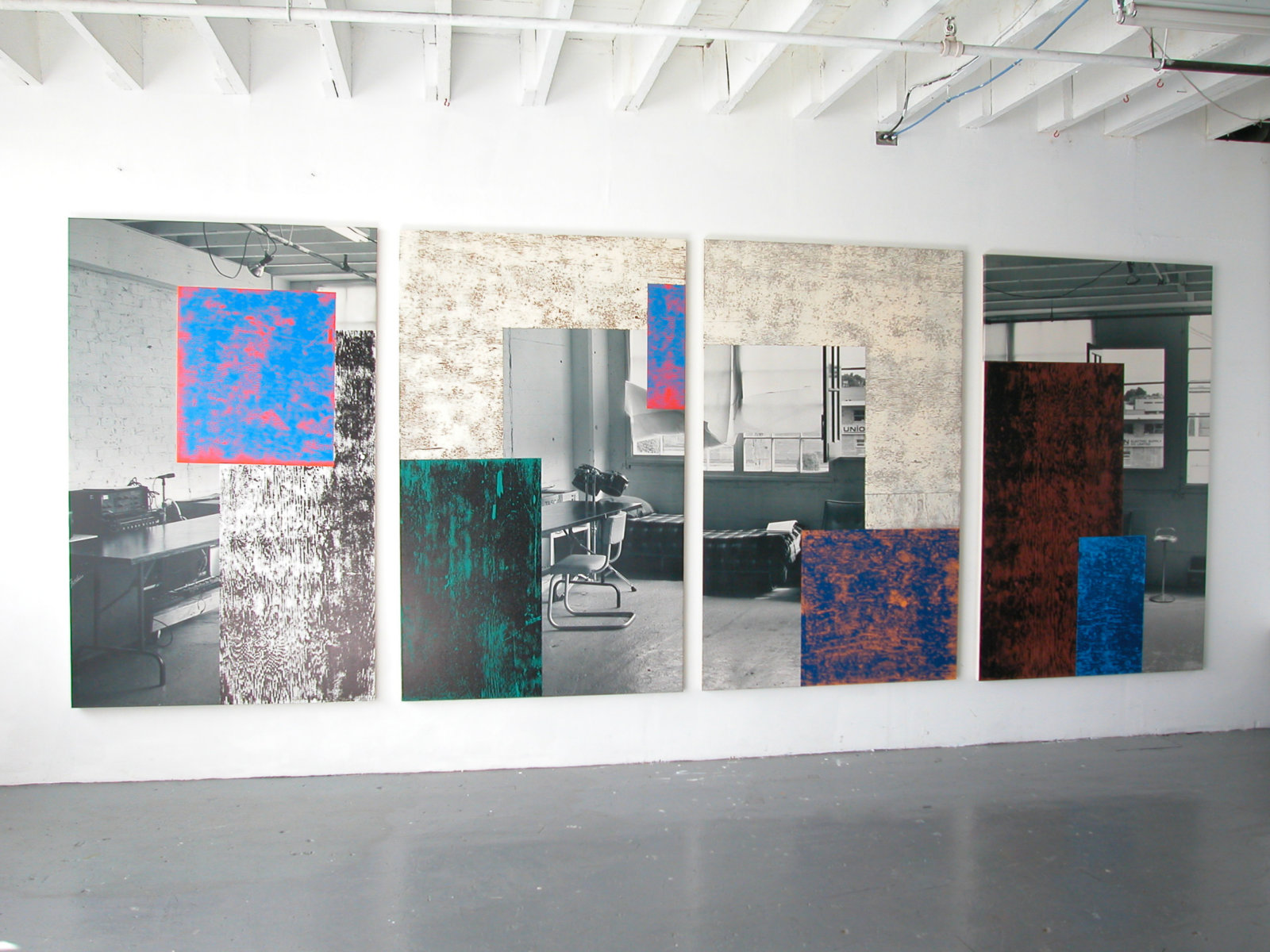 Ian Wallace, Corner of the Studio I–IV, 1993, ink monoprint with photolaminate and acrylic on canvas, each 78 x 78 in. (198 x 198 cm)