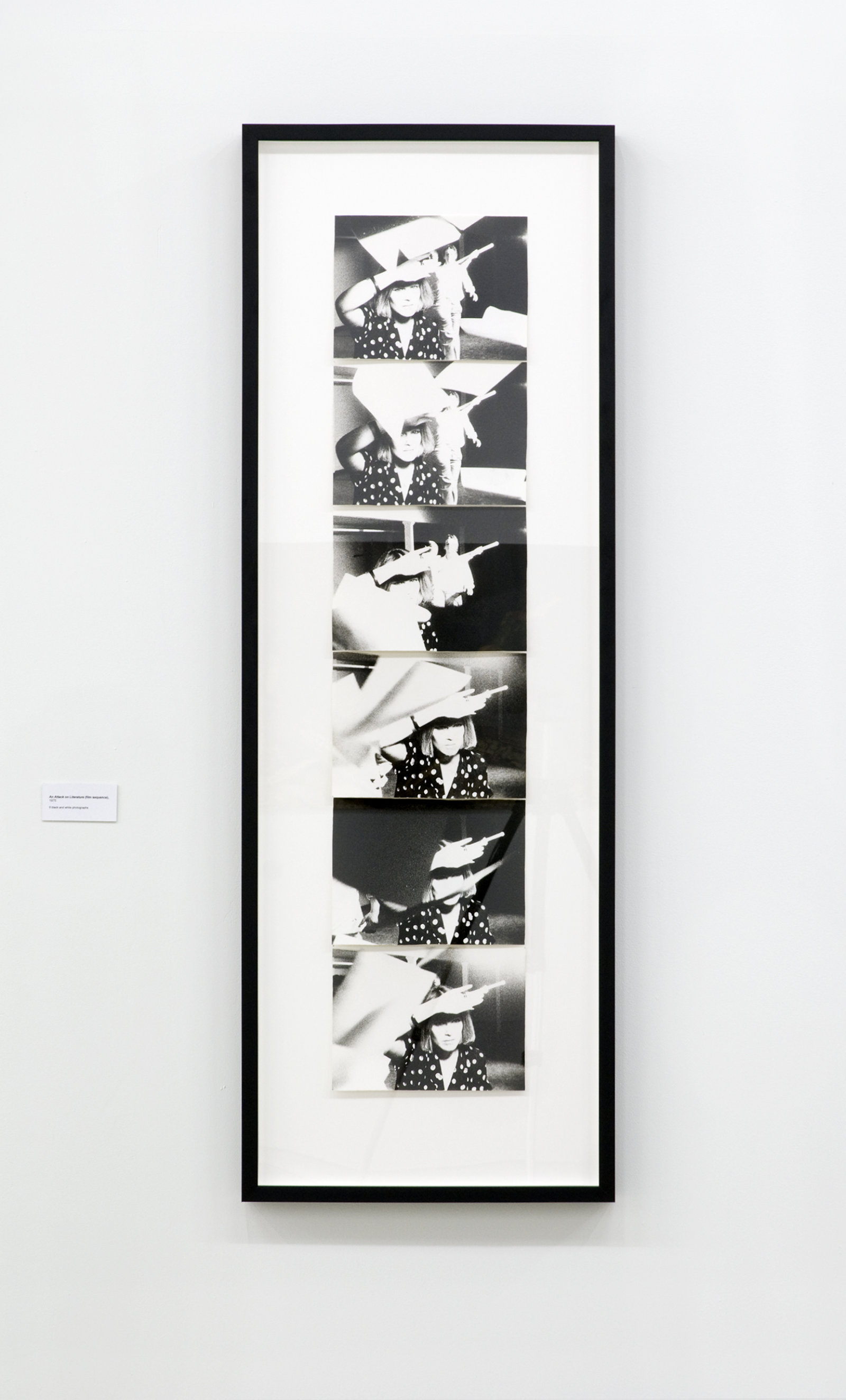 Ian Wallace, An Attack on Literature (film sequence), 1975, 6 black and white photographs, each 8 x 10 in. (19 x 25 cm)
