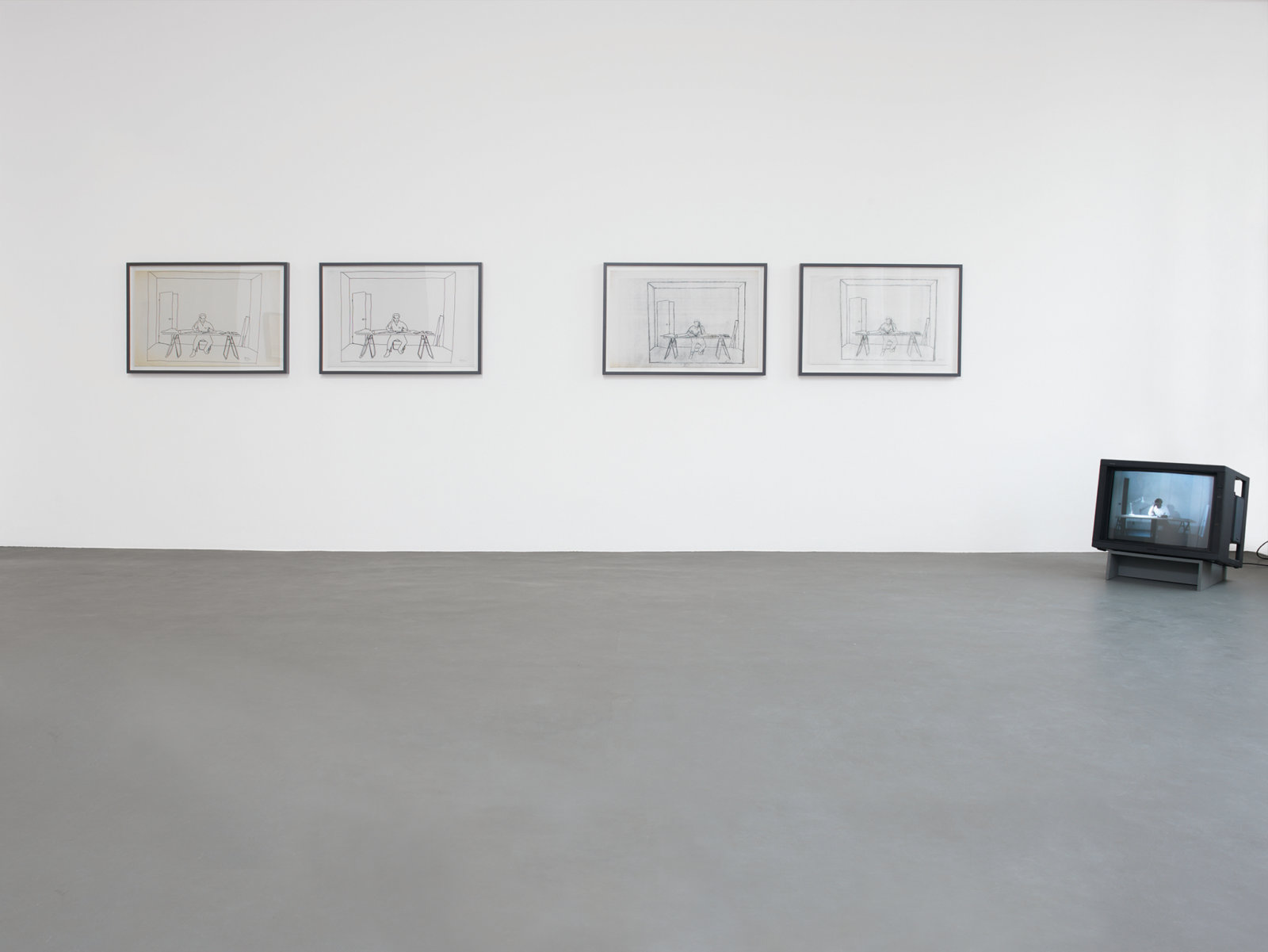 Ian Wallace, At Work 1983, 1983, installation, super 8mm film transferred to DVD, 6 minutes, 5 seconds, exhibition poster, silver gelatin print, backlit transparency, blueprints on paper and vellum, dimensions variable. Installation view, A Literature of Images, Witte de With, Rotterdam, 2008