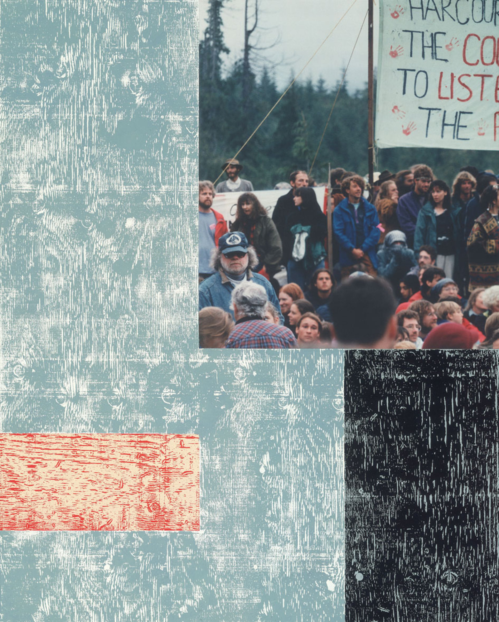 Ian Wallace, Clayoquot Protest (August 9, 1993) I, 1993–1995, photolaminate with acrylic on canvas, 120 x 72 x 1 in. (305 x 184 x 3 cm)