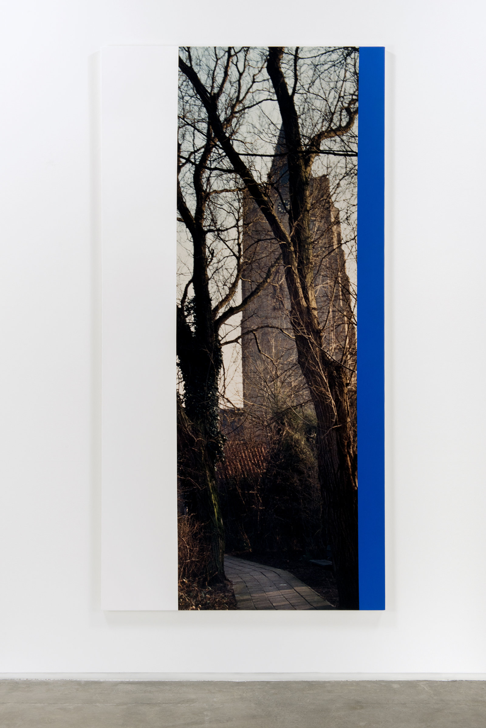 Ian Wallace, Hommage a Mondrian IV (Tower and Trees Middleburg), 1990, photolaminate and acrylic on canvas, 96 x 48 in. (244 x 122 cm)