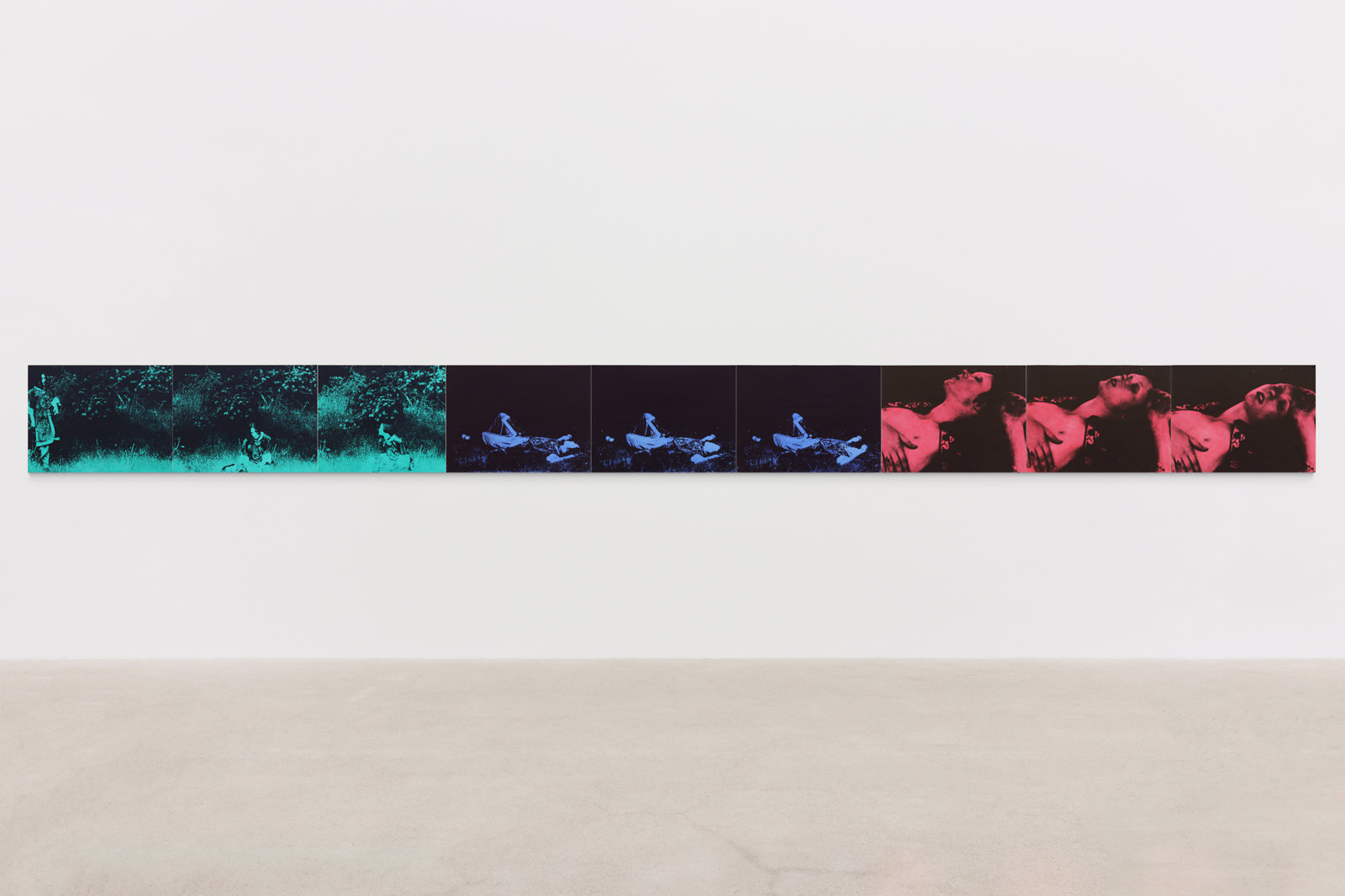 Ian Wallace, L’Après Midi I, II, III, 1977–1979, 9 hand-coloured black and white photographs, 36 x 332 in. (91 x 843 cm)