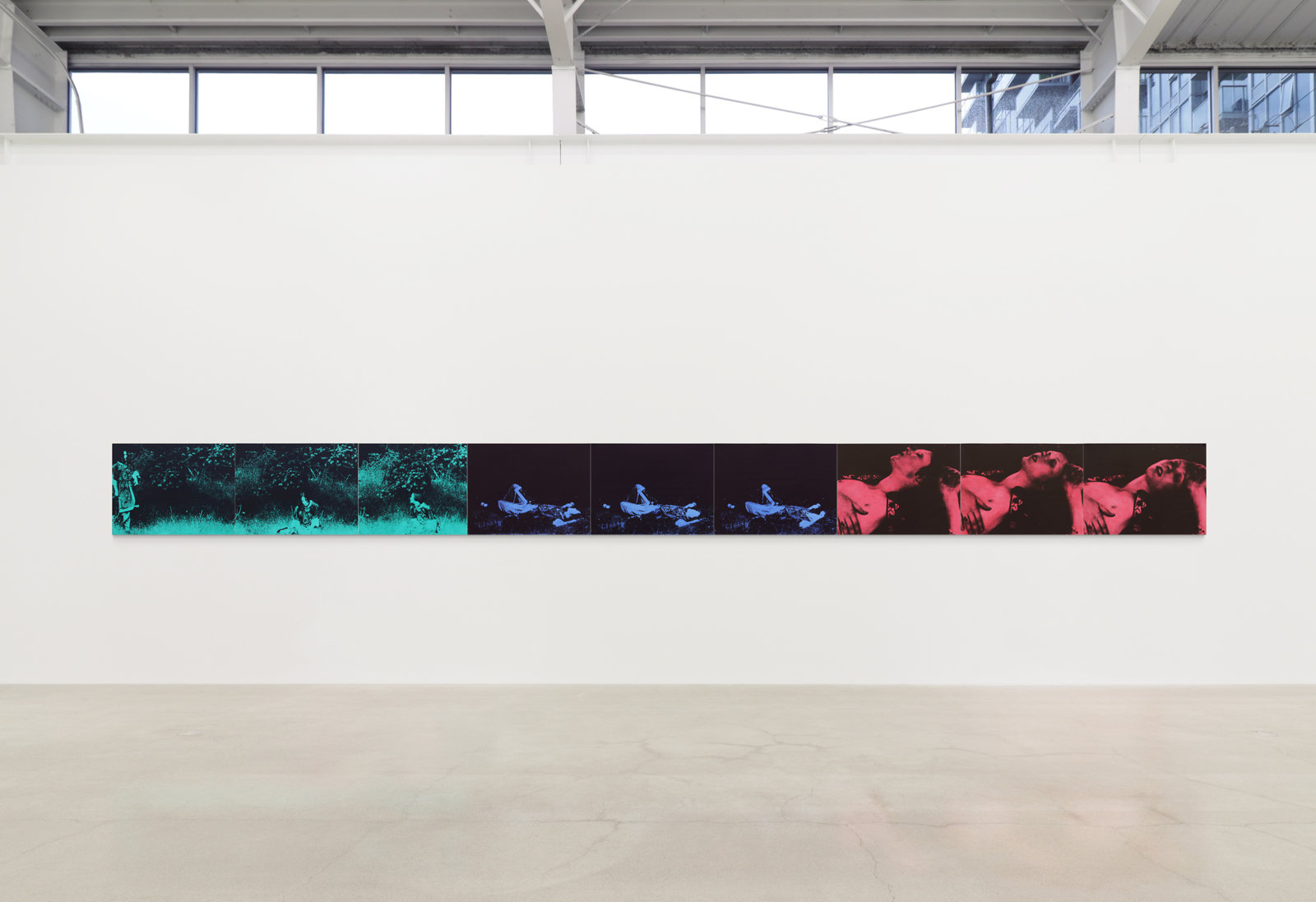 Ian Wallace, L’Après Midi I, II, III, 1977–1979, 9 hand-coloured black and white photographs, 36 x 332 in. (91 x 843 cm)
