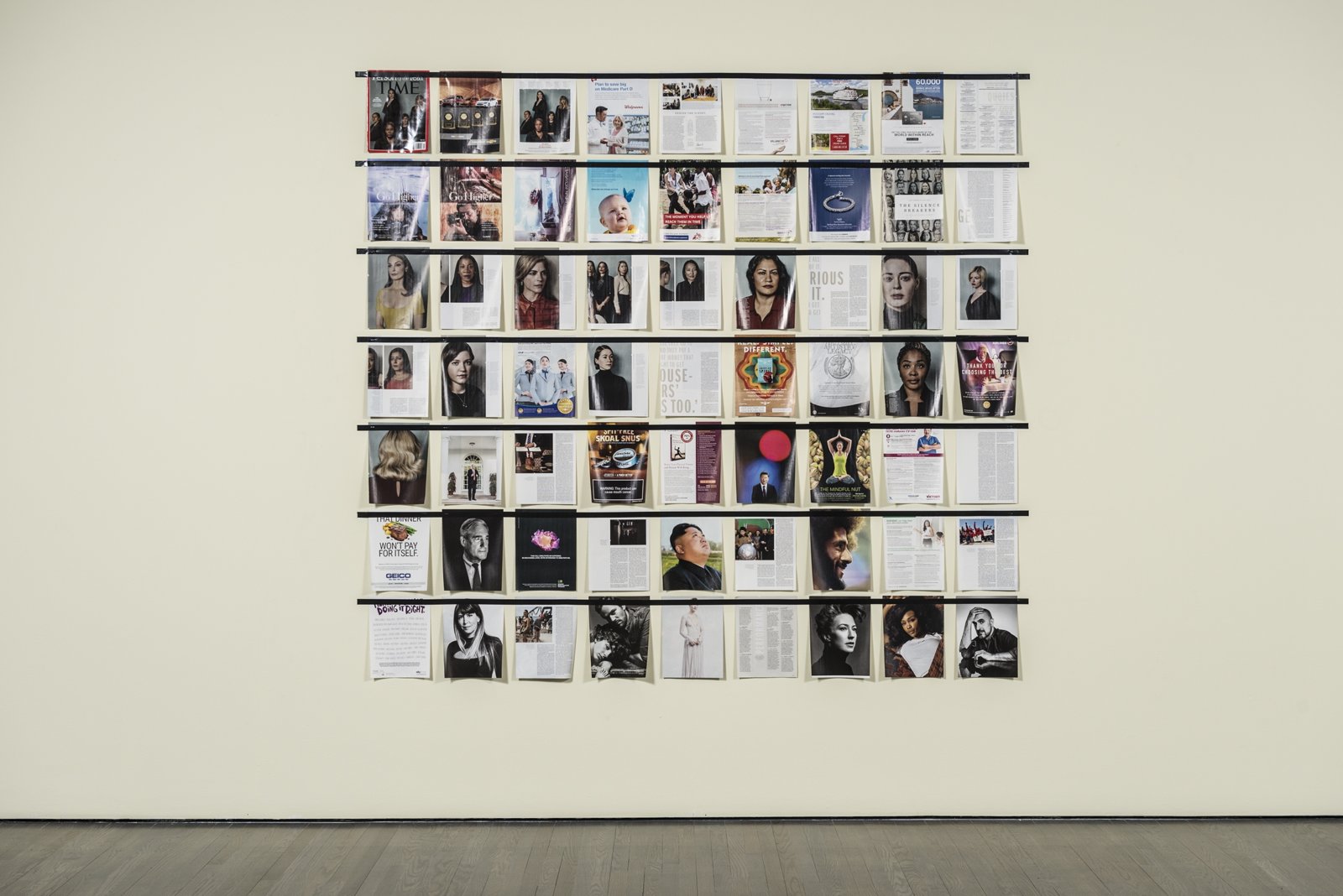 Ian Wallace, Magazine Piece, 1970–ongoing, magazine pages, tape, dimensions variable. Installation view, Qui parle? / Who Speaks?, Leonard and Bina Ellen Art Gallery, Montreal, 2018