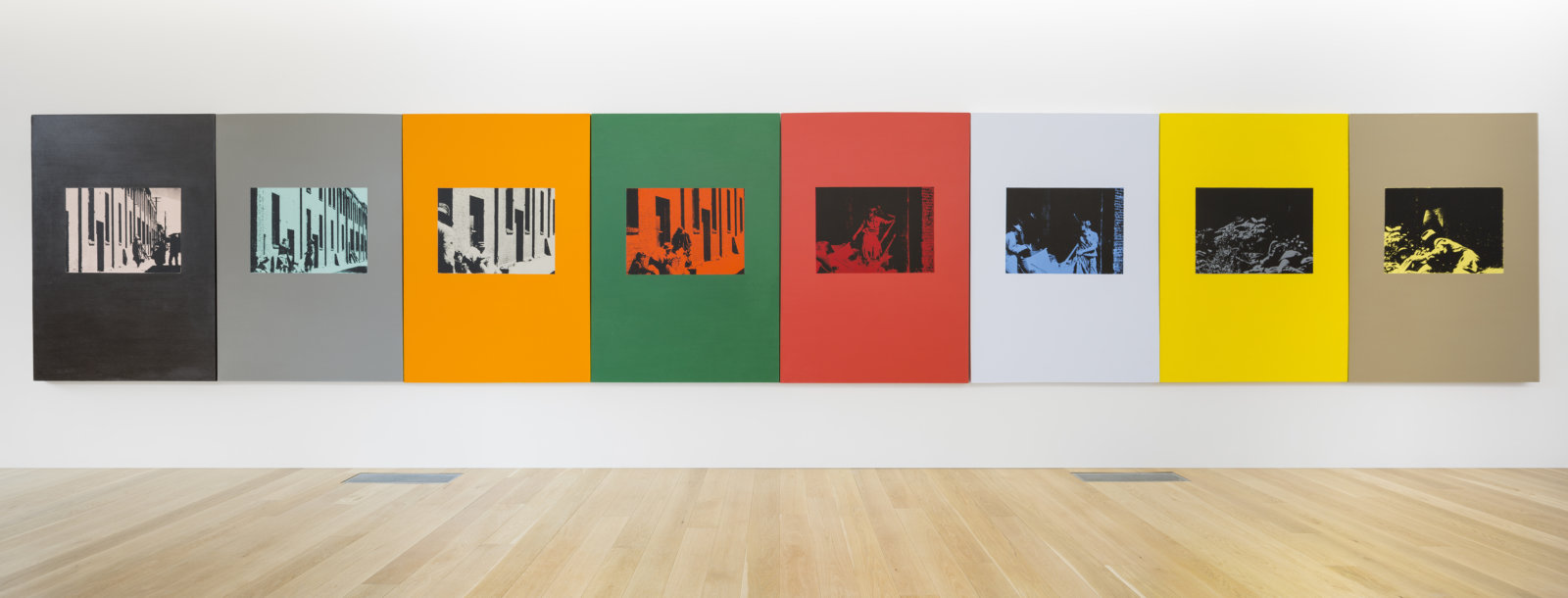 Ian Wallace, Poverty 1982, 1982, oil-based silkscreen over acrylic paint on canvas, 8 panels, 71 x 376 in. (180 x 955 cm). Installation view, Collected Works, The Rennie Museum, Vancouver, 2017