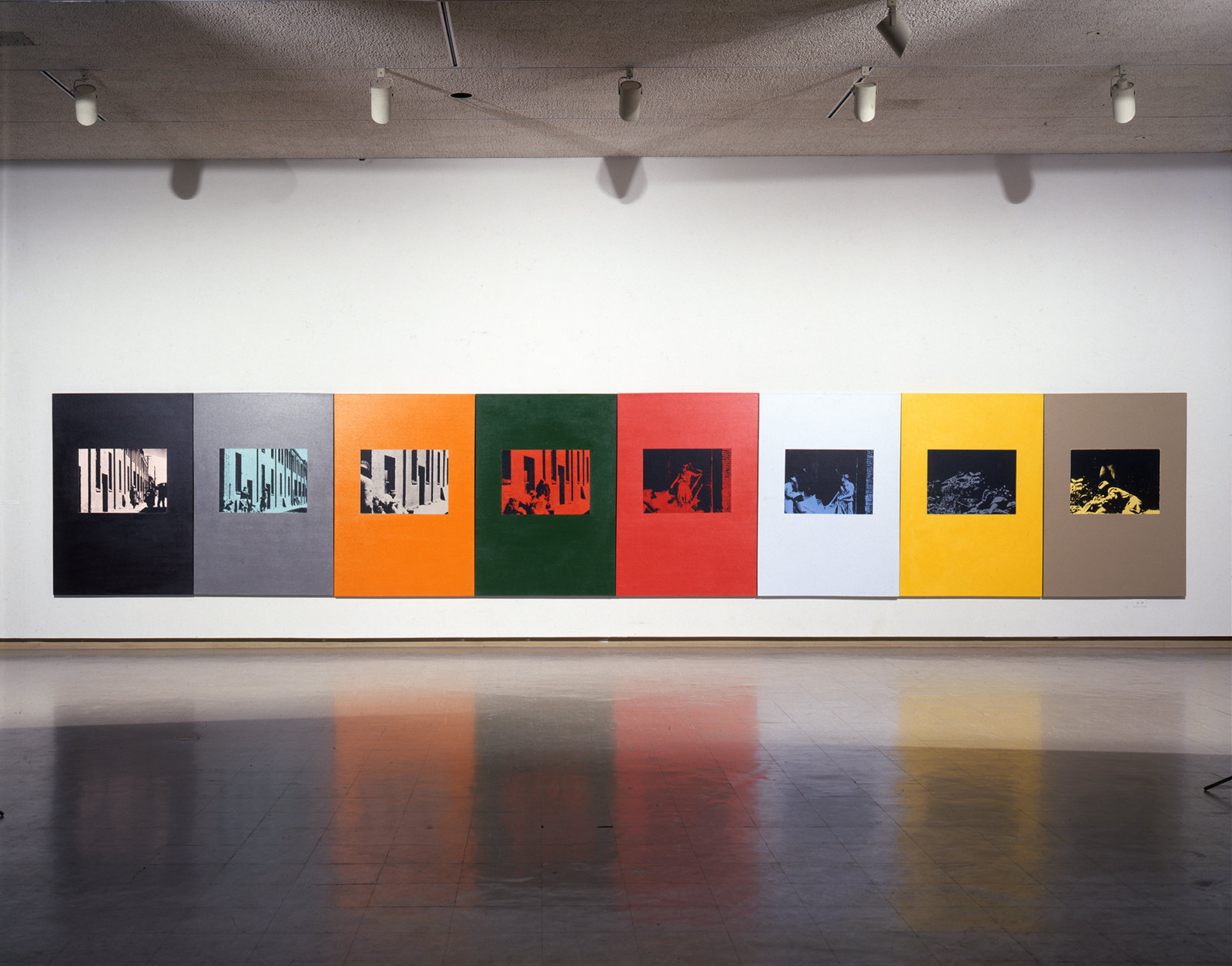 Ian Wallace, Poverty 1982, 1982, oil-based silkscreen over acrylic paint on canvas, 8 panels, 71 x 376 in. (180 x 955 cm)