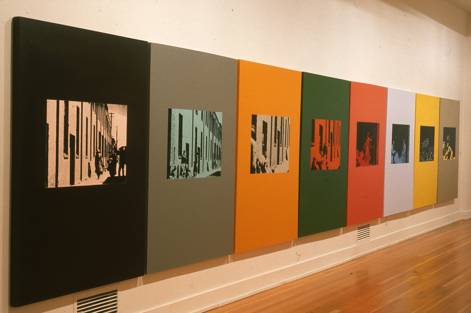 Ian Wallace, Poverty 1982 (detail), 1982, oil-based silkscreen over acrylic paint on canvas, 8 panels, 71 x 376 in. (180 x 955 cm)