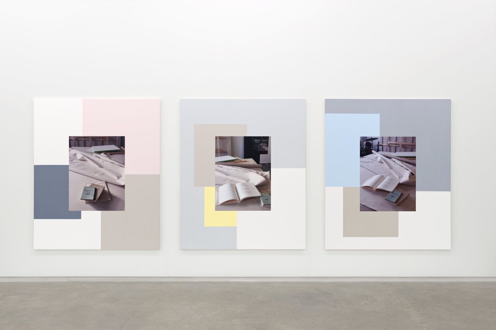 Ian Wallace, Table with Un Coup de Des I, II, III, 2011, 3 photolaminate with acrylic on canvas, each 72 x 60 in. (183 x 152 cm)