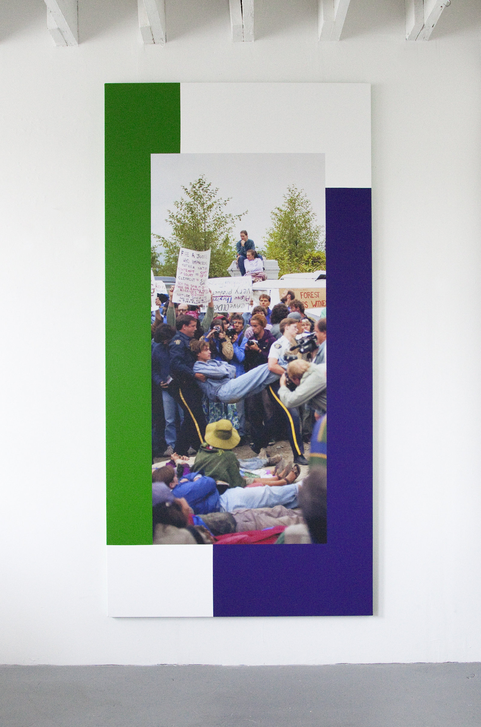 Ian Wallace, The Arrest (Clayoquot Protest August 9, 1993), 2014, photolaminate with acrylic on canvas, 96 x 48 in. (244 x 122 cm)