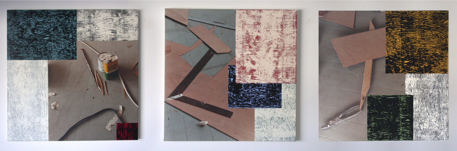 Ian Wallace, The Studio Floor I–III, 1996, 3 acrylic, photolaminate and ink monoprint on canvas panels, 36 x 36 in. (91 x 91 cm)