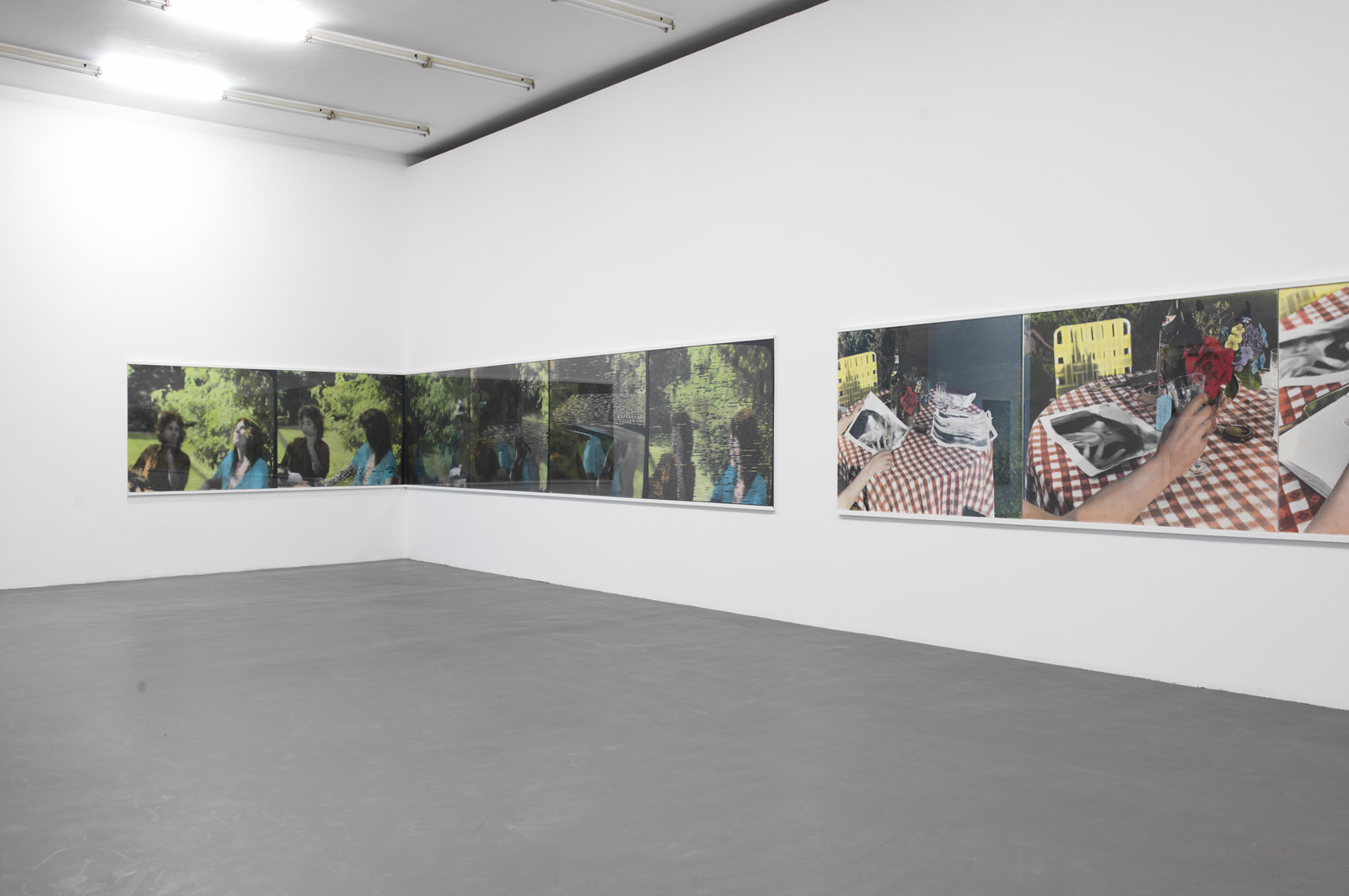 Ian Wallace, The Summer Script I &amp; II, 1974, silver prints, oil, plexiglas on paper, 12 panels, each 47 x 69 in. (119 x 176 cm). Installation view, A Literature of Images, Witte de With, Rotterdam, 2008