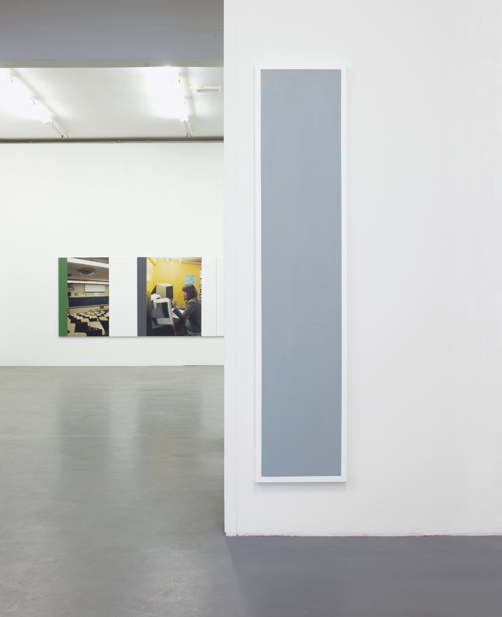 Ian Wallace, Untitled (Grey Monochrome with White), 1967–2008, acrylic on canvas, 90 x 20 in. (228 x 50 cm). Installation view, A Literature of Images, Witte de With, Rotterdam, 2008