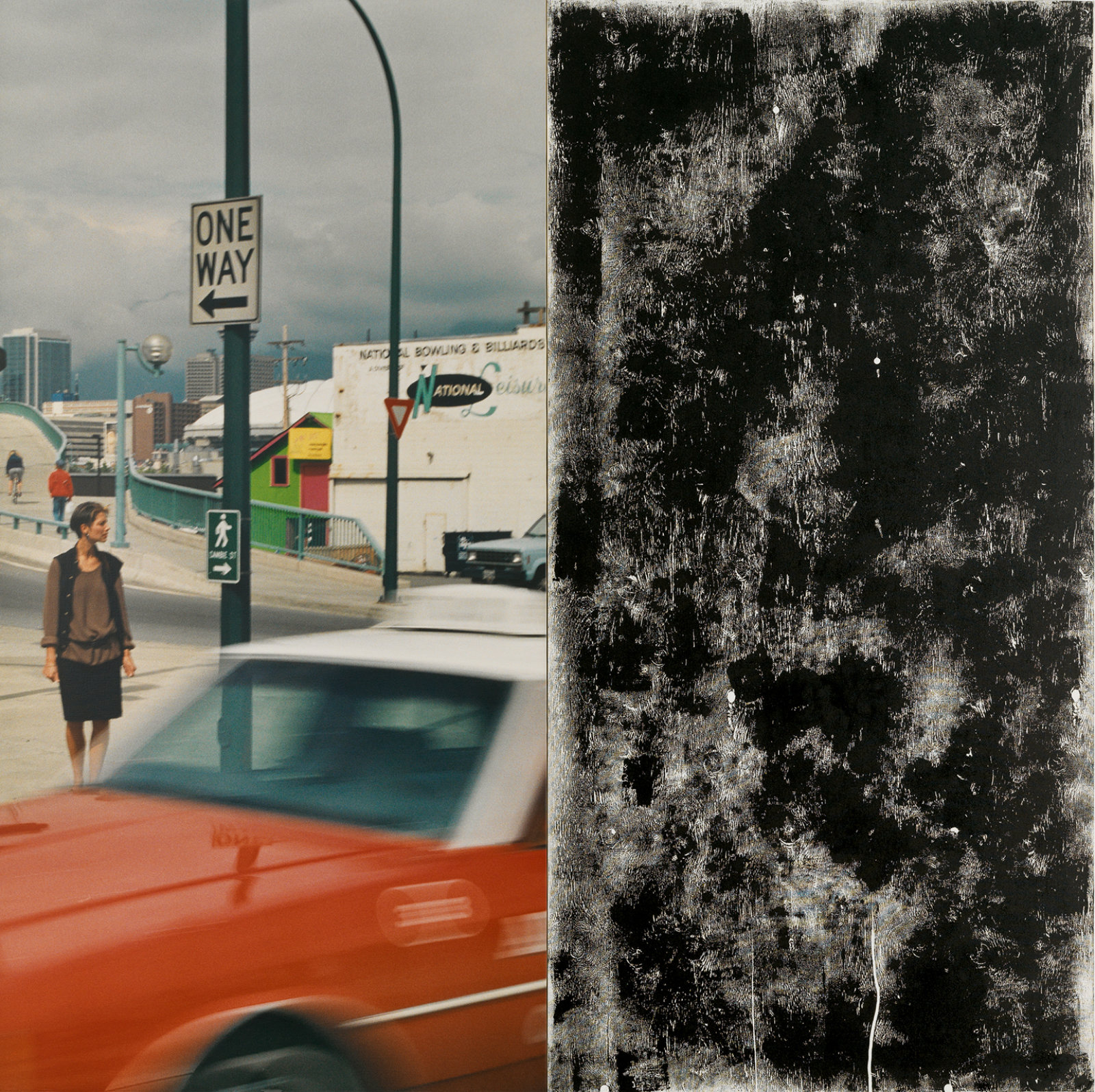 Ian Wallace, Untitled (In the Street I), 1988, photolaminate with acrylic and ink monoprint on canvas, diptych, 96 x 96 in. (244 x 244 cm). Installation view, A Literature of Images, Kunsthalle Zürich, 2008