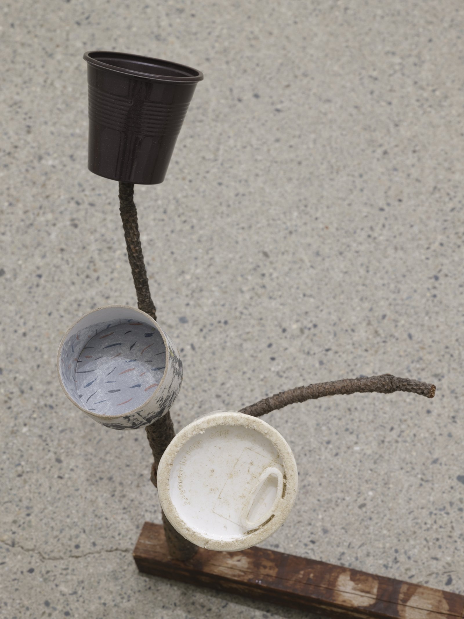 ​Ashes Withyman, Formula describing a soul rumbling off through the sky after leaving the body (detail), 2019, found branches, plywood with paint, plastic espresso cup, paper cup, lid, cardboard, push pin, 12 x 25 x 10 in. (31 x 64 x 25 cm)​ by Ashes Withyman