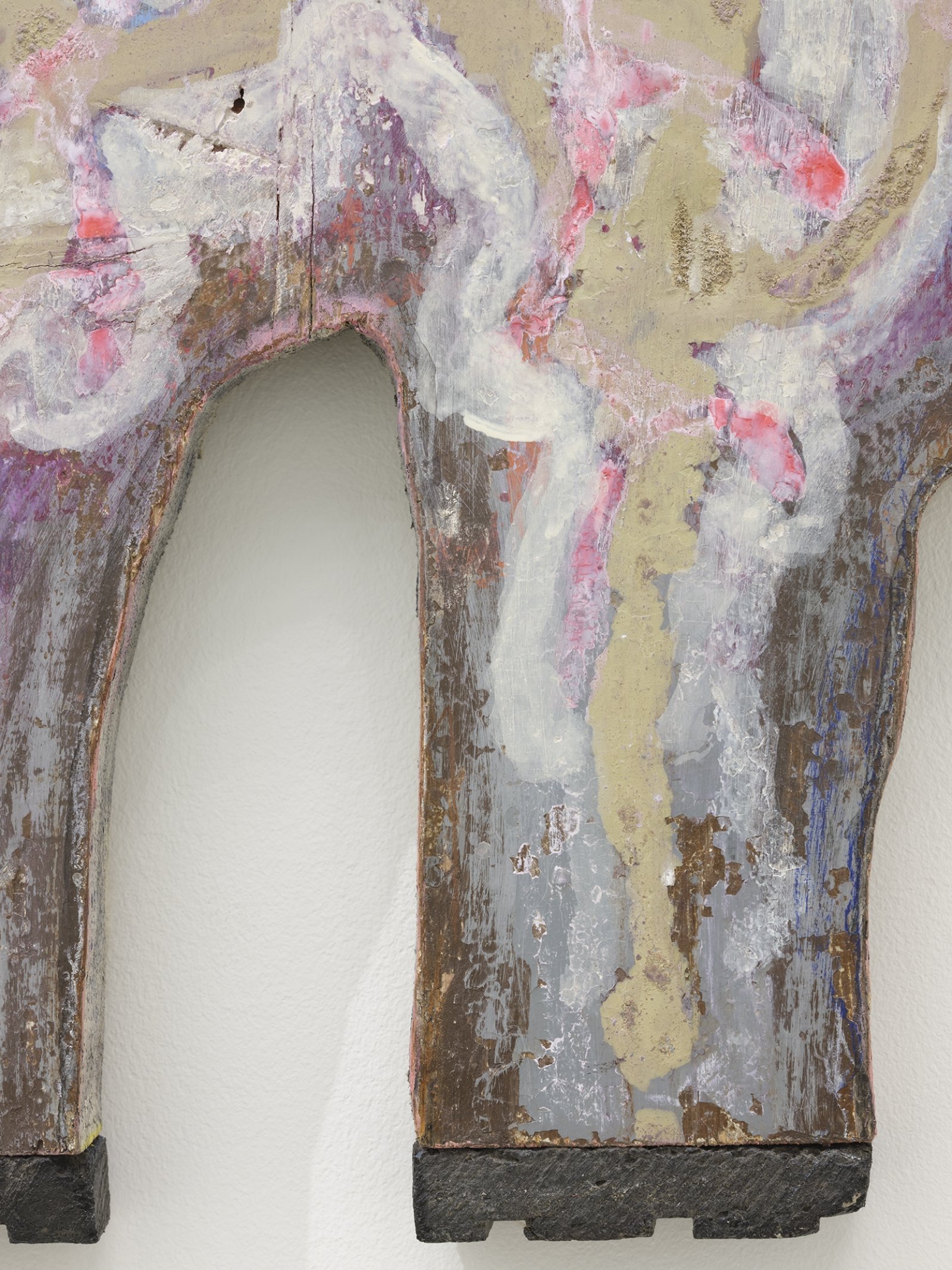 ​​Ashes Withyman, Mountain Toad sitting in the hollow of a rotting tree (detail), 2019, found wood, previously frozen paint, coloured pencil, rubber, 18 x 11 in. (46 x 28 cm)​ by Ashes Withyman