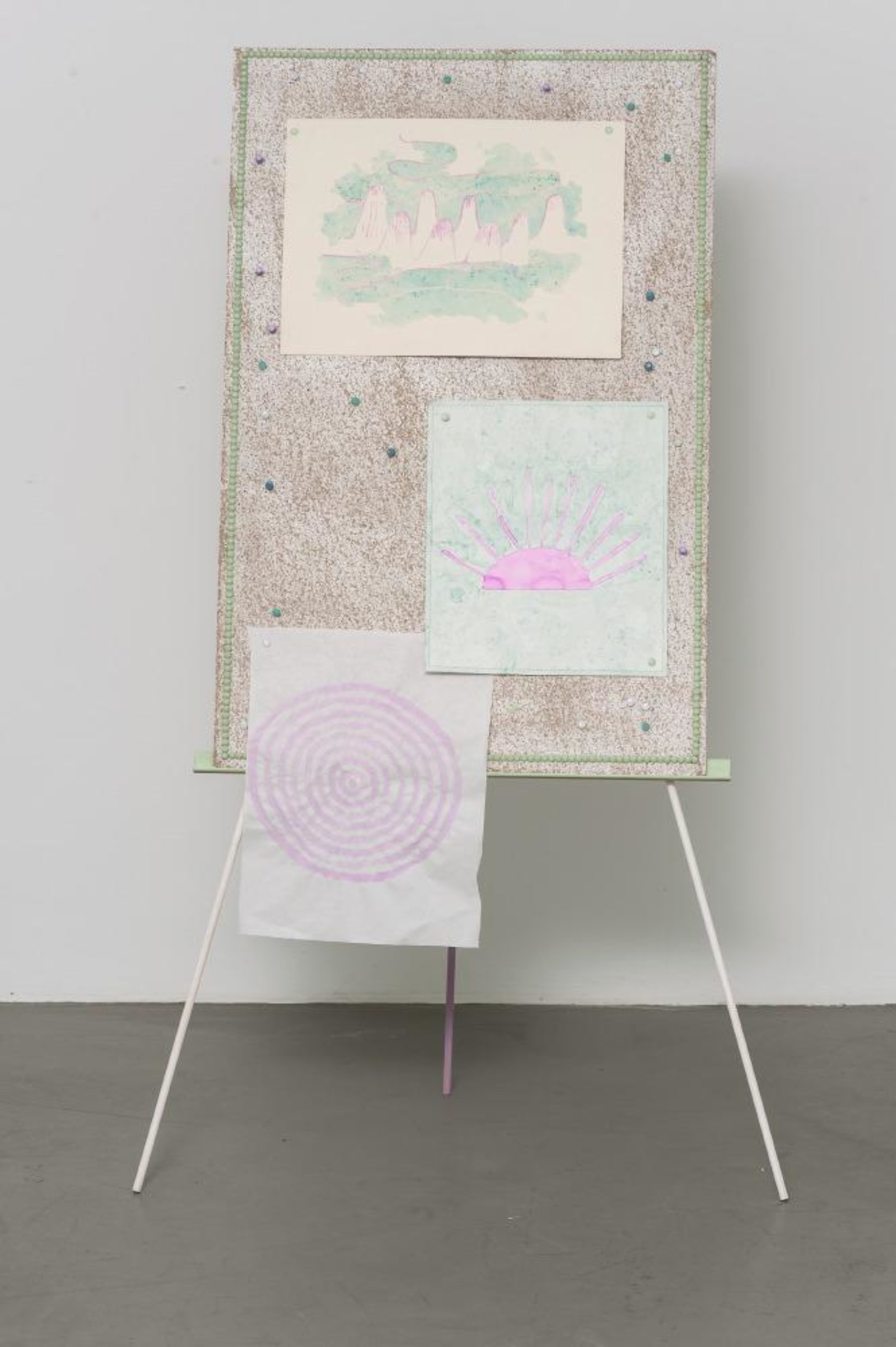 Ashes Withyman, Radial Maze (Sunrise), Mountains (After Louise Bourgeois), 2014, rat poison, paper, pins, wood, trim, wood, 53 x 31 x 20 in. (135 x 79 x 50 cm)