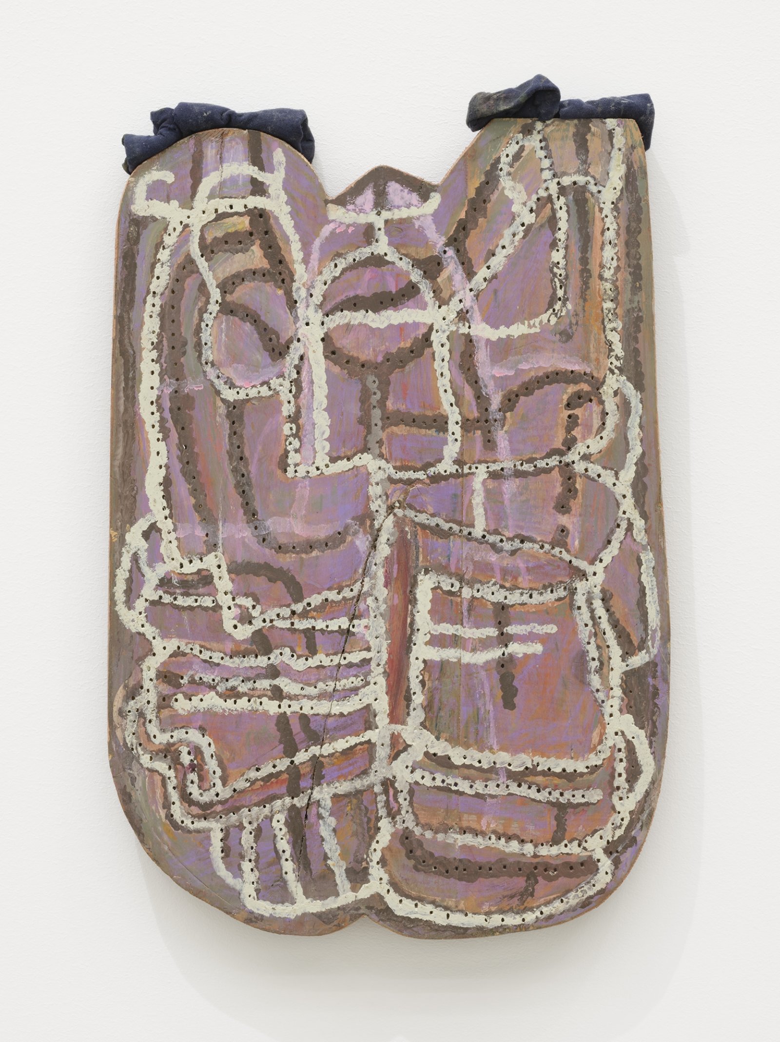 Ashes Withyman, Breath marionette, 2019, found wood, previously frozen paint, coloured pencil, fabric, nails, 17 x 11 in. (42 x 28 cm)