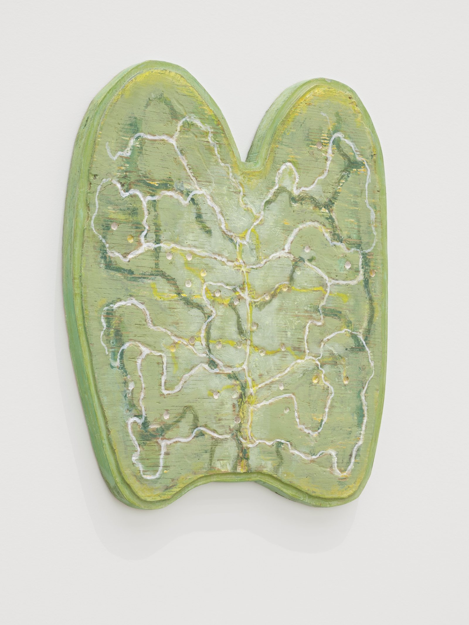 Ashes Withyman, Stars knocking, pine needles falling, 2019, found wood, found paint, coloured pencil, wood filler, 15 x 13 in. (38 x 32 cm)