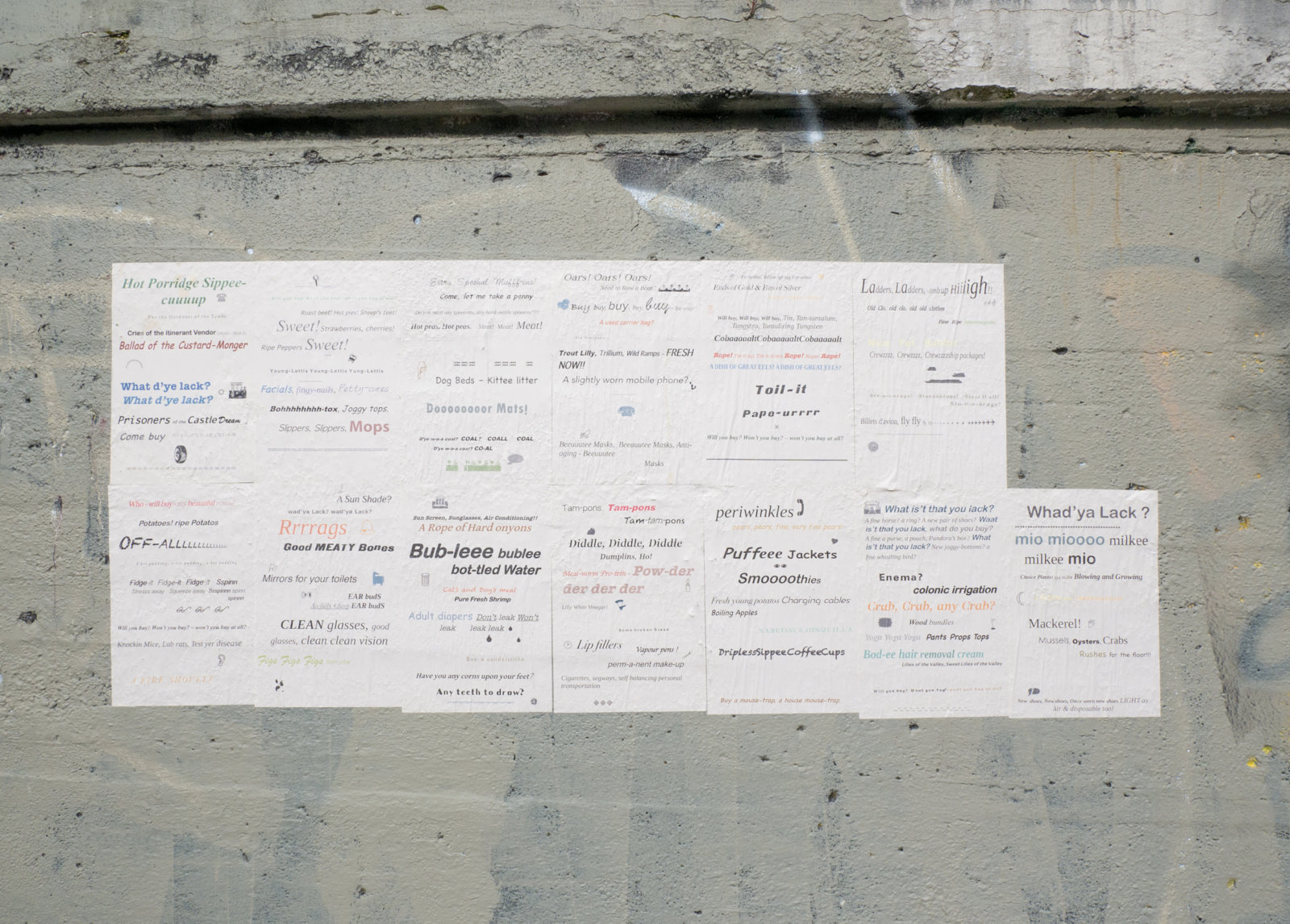 Ashes Withyman, The Ballad of the Custard Monger, 2024, coloured laser photocopies and letterpress on paper, each 17 x 11 in. (43 x 28 cm). Installation view, Wandering Calendar, Kunstverein Toronto, Canada, 2024