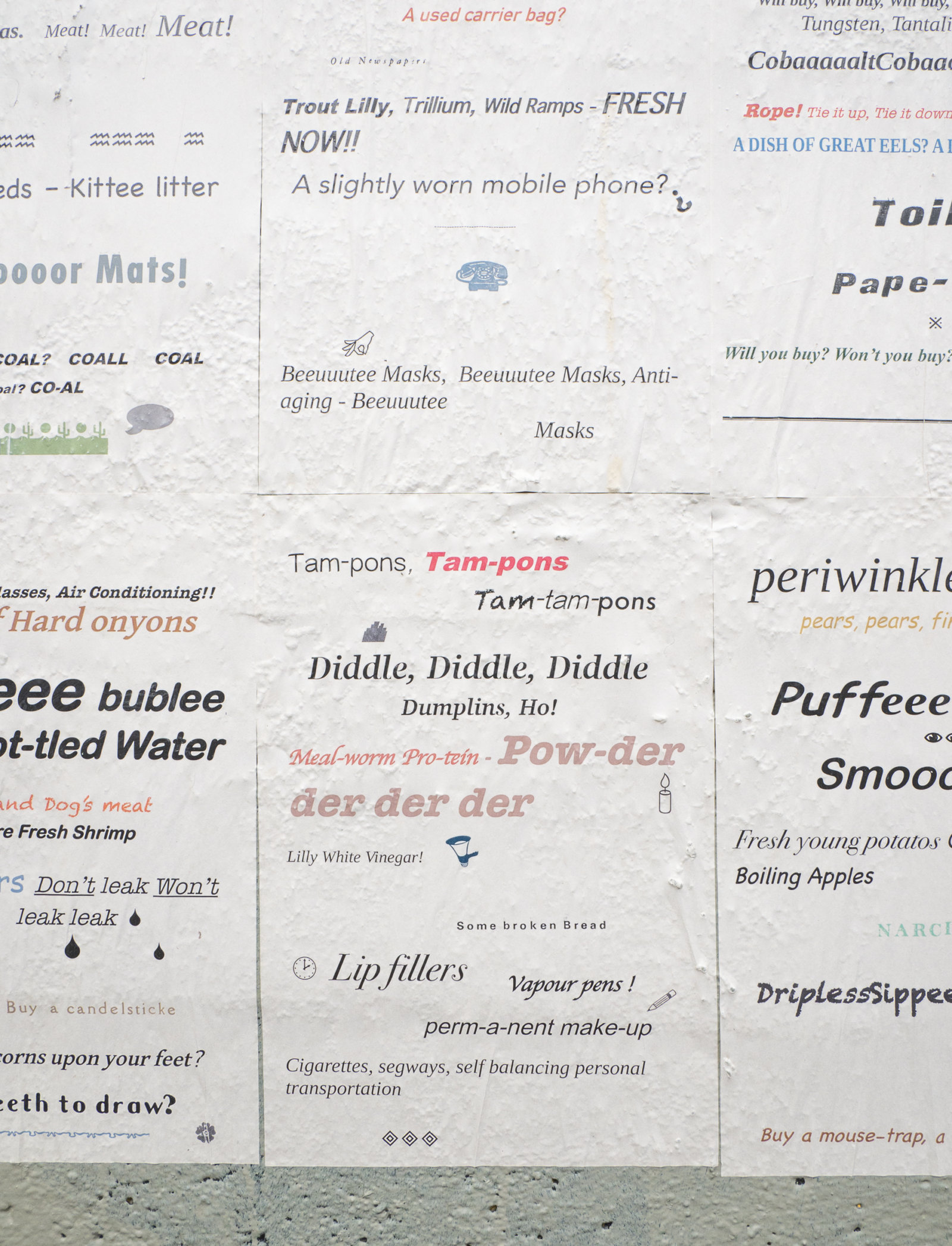 Ashes Withyman, The Ballad of the Custard Monger (detail), 2024, coloured laser photocopies and letterpress on paper, each 17 x 11 in. (43 x 28 cm). Installation view, Wandering Calendar, Kunstverein Toronto, Canada, 2024