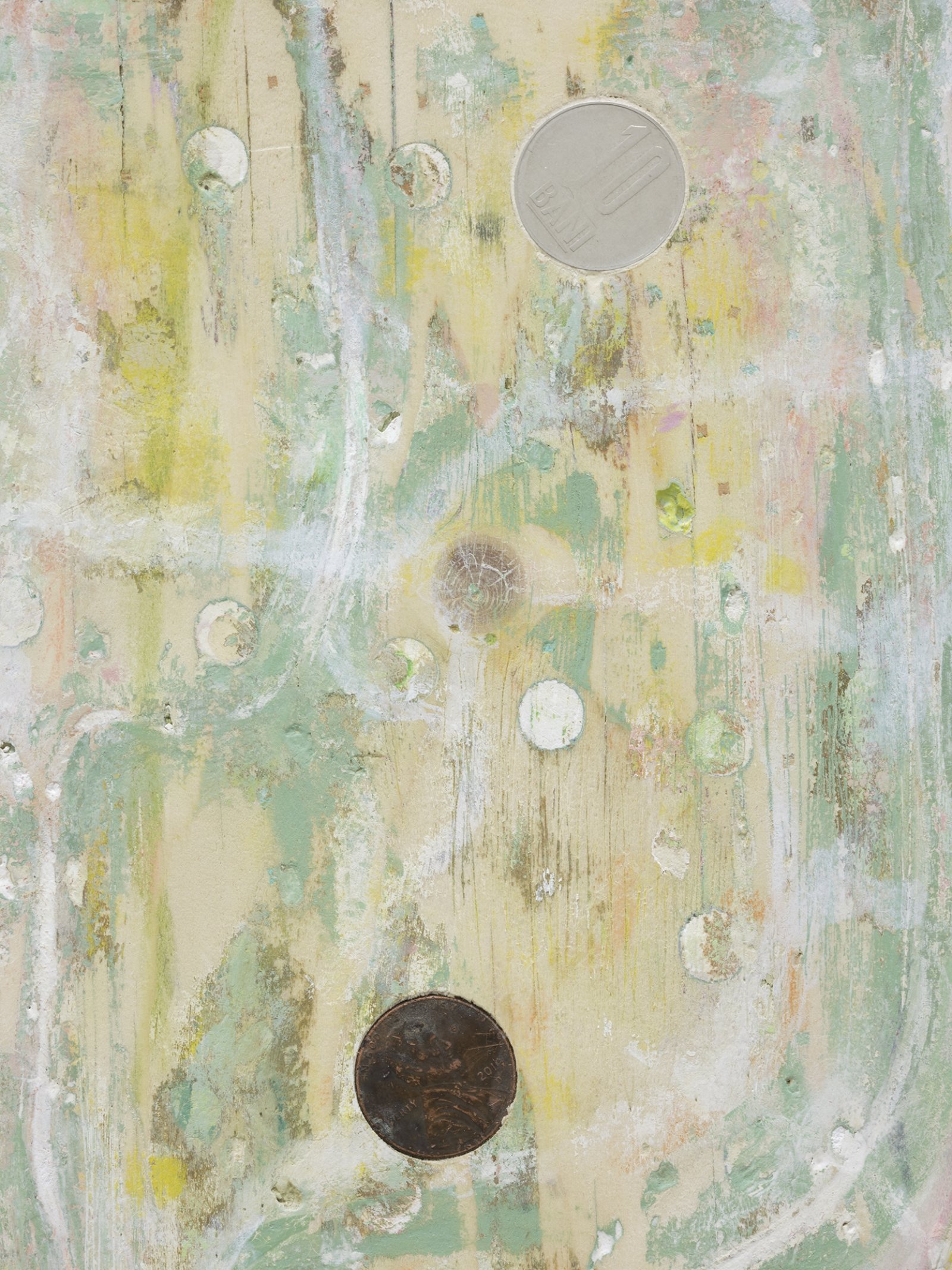 Ashes Withyman, Wordless song (detail), 2019, found wood, found paint, coloured pencil, wood filler, coins, 14 x 10 in. (34 x 25 cm)